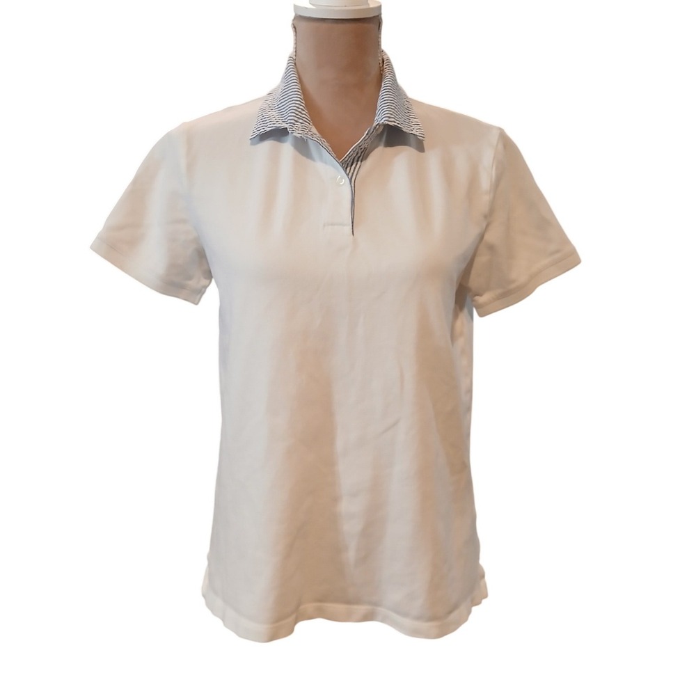 Lands End Small Womens White Polo Shirt Striped Seersucker Collar Short Sleeve